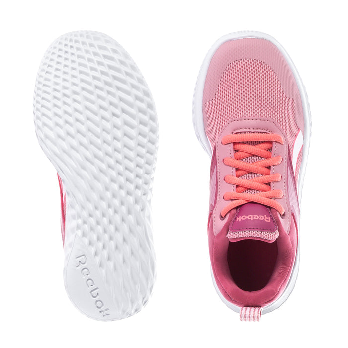 Kids pink sneakers with white outsole tread and orange-pink lace-up opening