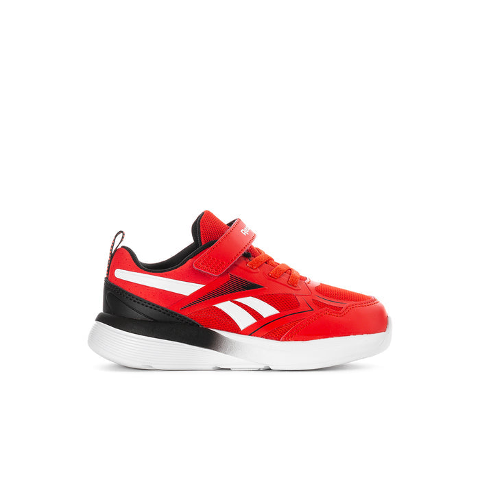 Kids red running shoes with white stripes, black heel, and hook-and-loop closure