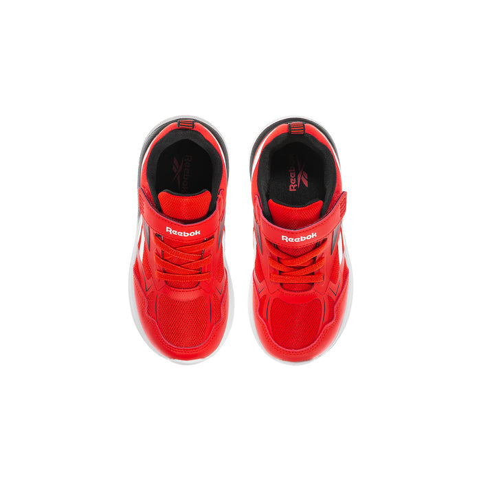 Toddler red lace-up sneakers with white logo stripes and black collar lining