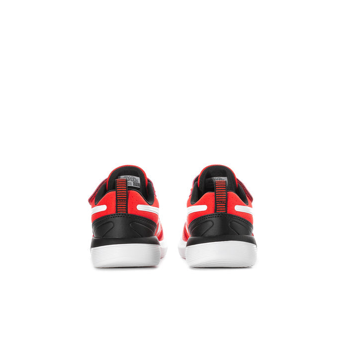 Toddler red sneakers with black heel, white stripe details, and back pull tab