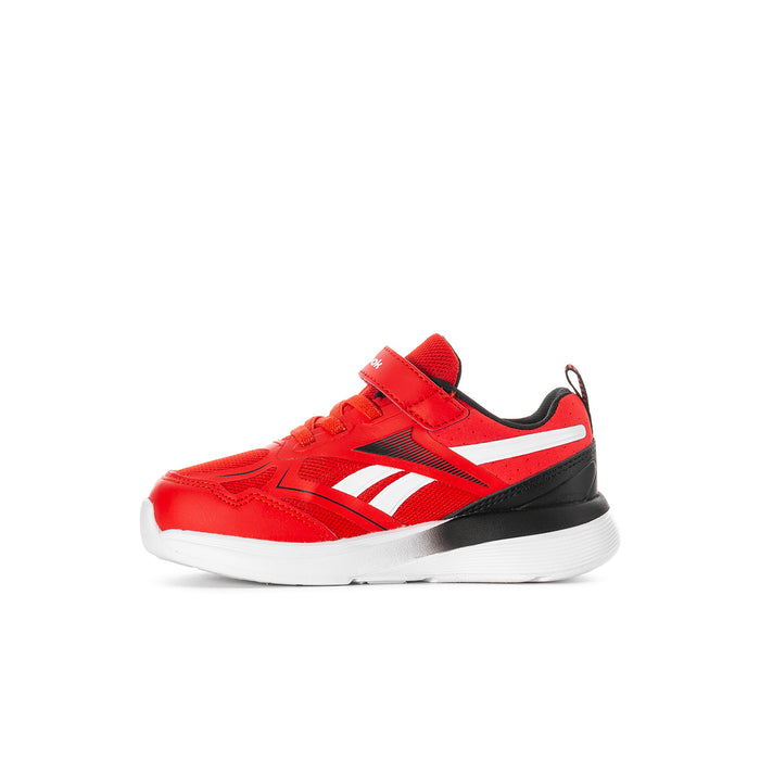 Toddler red running shoe with white side stripes and black trim