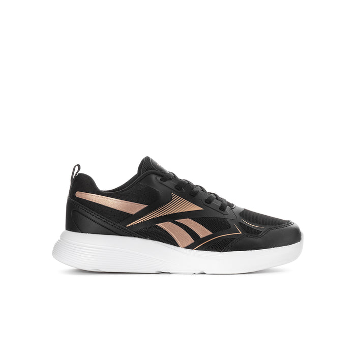Youth black running shoe with rose gold logo accents and lace-up design