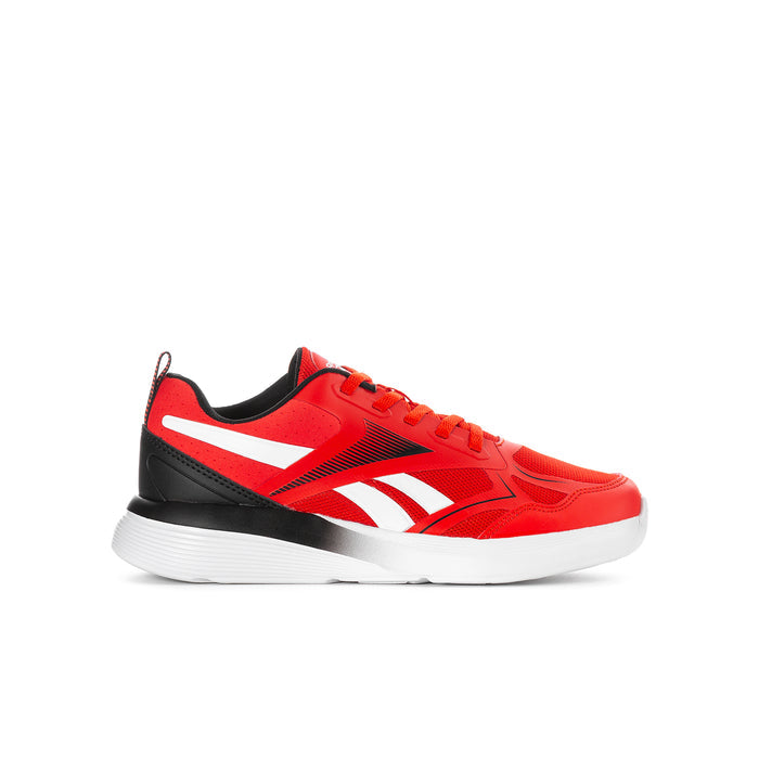 Youth red running shoes with white Reebok-style stripes and black heel panel