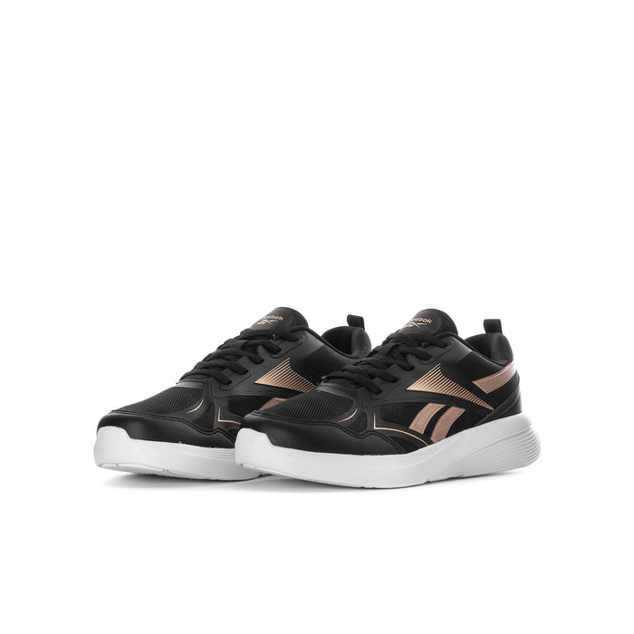 Youth lace-up running shoes in black with rose gold logo accents and white sole