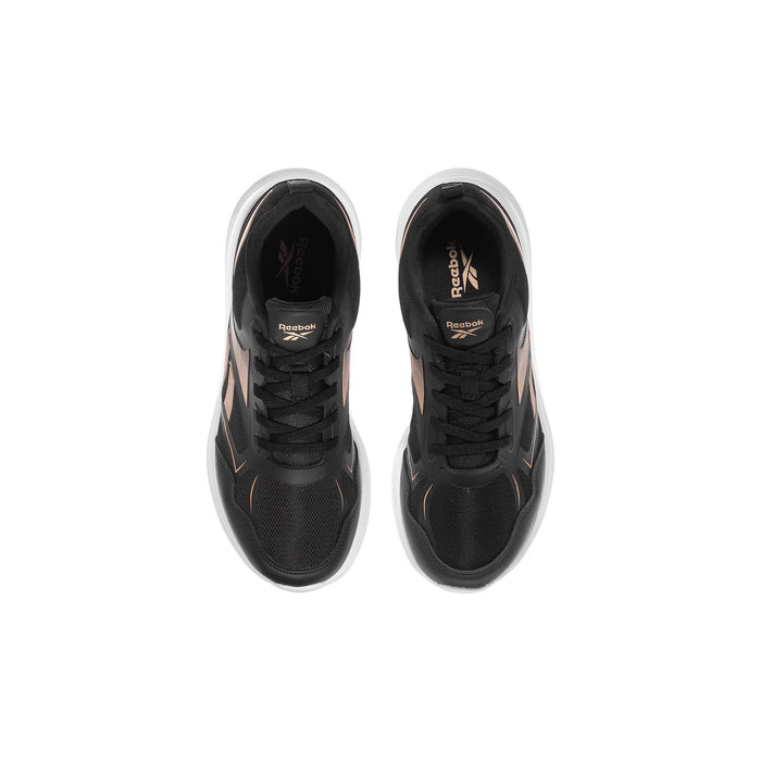 Youth black lace-up running shoes with Reebok branding at the inner collar