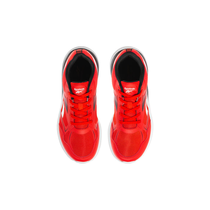 Pair of youth red lace-up running shoes with black lining and cushioned collar