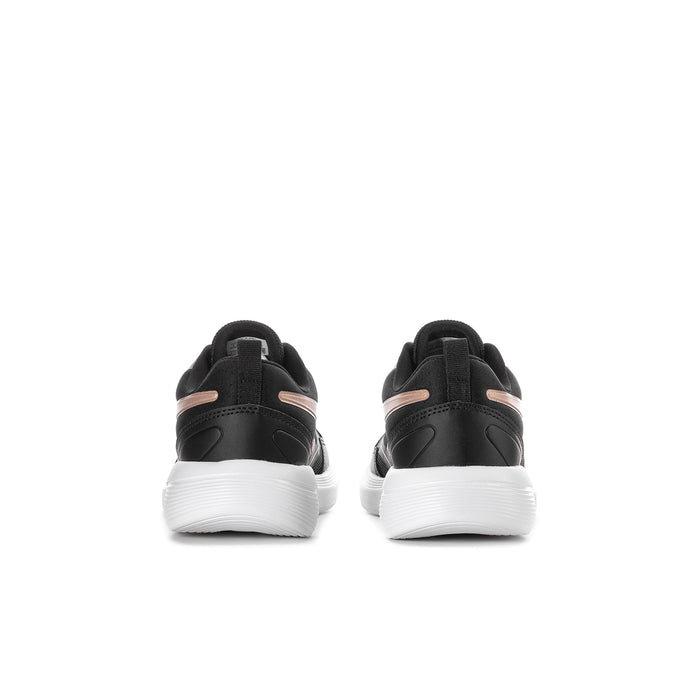 Youth black sneakers with heel pull tab, rose gold stripe, and cushioned white sole