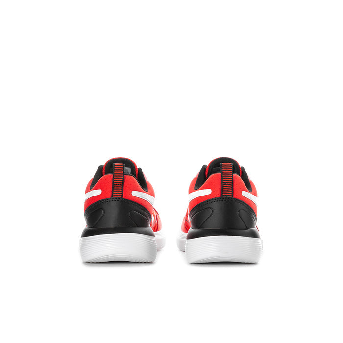 Youth red running shoes with black heel counter and white midsole cushioning