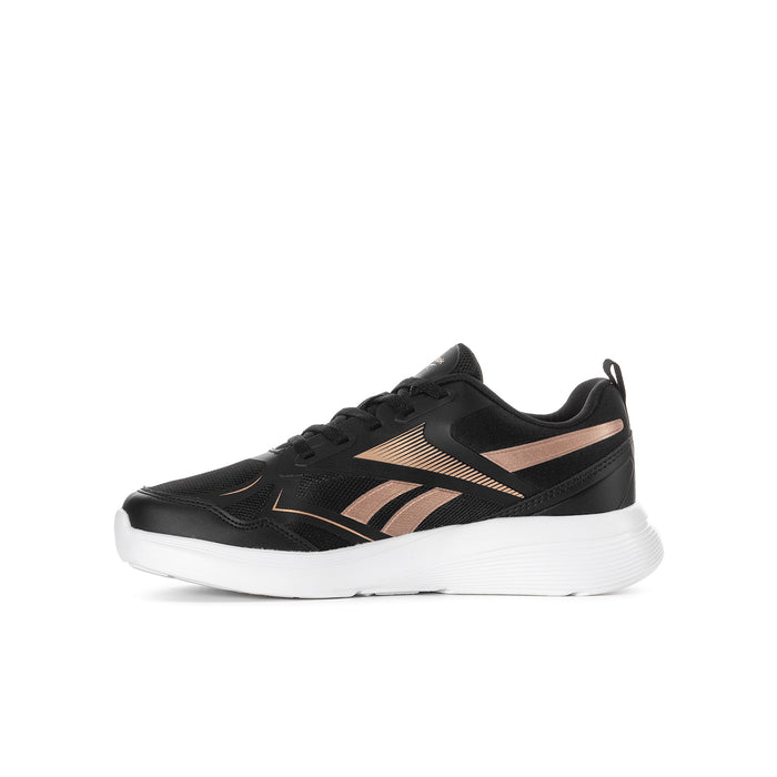 Youth black running shoe with rose gold stripe detailing and thick white platform sole