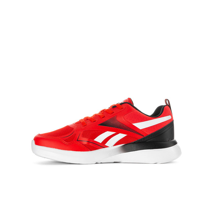 Youth red low-top running shoes with white stripes and black heel detail