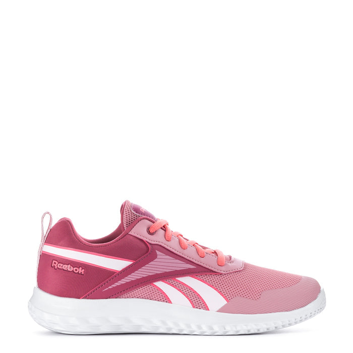 Youth slip-on running shoe, dusty rose pink with white sole and Reebok logo.