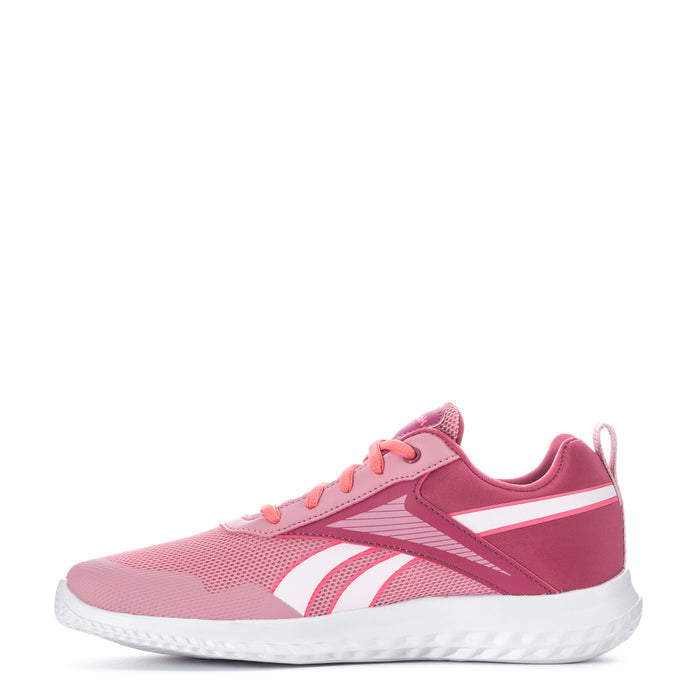 Youth slip-on running shoe, dusty rose pink with white midsole and sporty stripes.