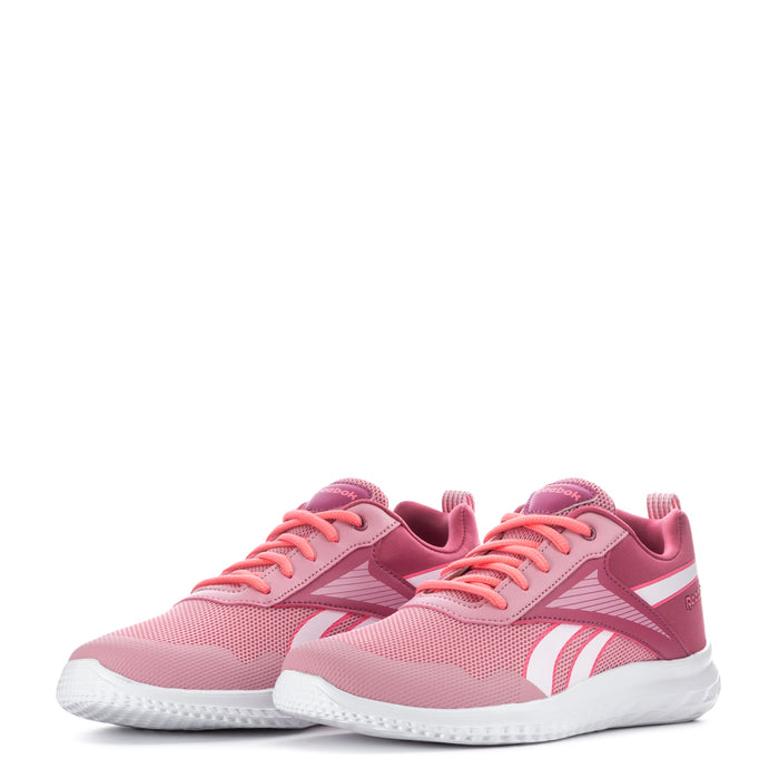 Youth slip-on running shoes, dusty rose pink knit upper, white midsole, lace-up.