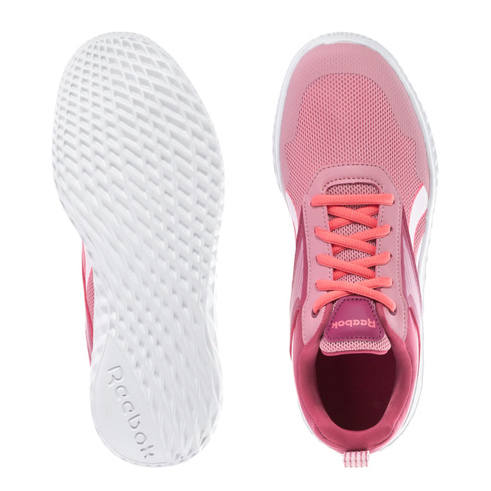 Youth slip-on shoe pair: textured white outsole and pink interior, orange laces.