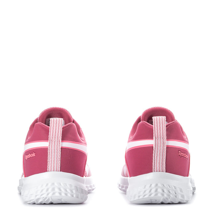 Youth slip-on running shoes, dusty rose pink with white heel band and cushioned sole.