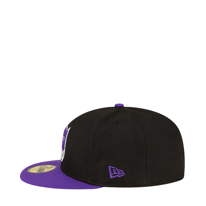 Black baseball cap with purple brim and New Era logo on side