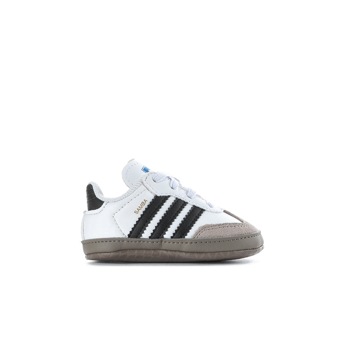 Infant adidas Samba sneakers in white with black stripes and gray accents