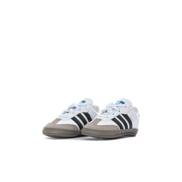Infant adidas Samba sneakers, white uppers with black three stripes and gray soles