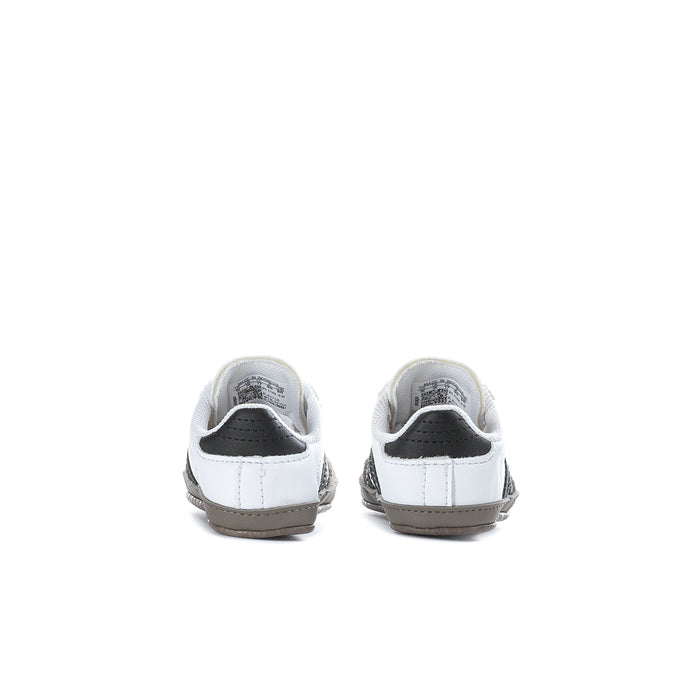 Infant adidas Samba sneakers, rear view with white uppers and dark heel trim