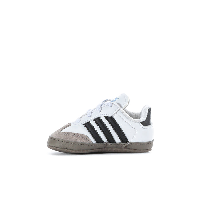 Infant adidas Samba sneaker, white upper with black stripes and gray suede overlays
