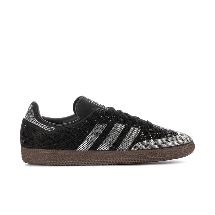 Black and white rhinestone adidas Samba OG women’s sneaker with gum rubber sole