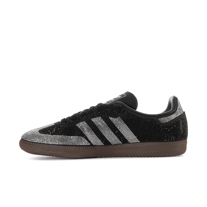 Side view of black and silver rhinestone adidas Samba OG women’s sneaker with three stripes