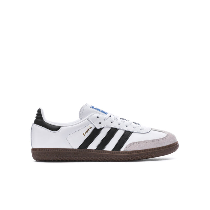 Samba OG youth sneakers, white leather with black stripes and gum sole