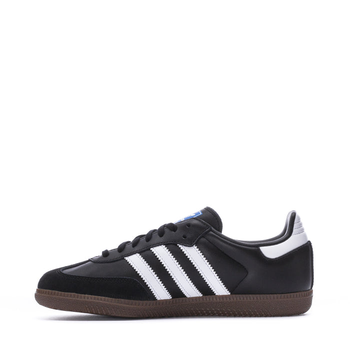 Kids' Adidas Samba OG side profile sneakers in black, white stripes, gum sole