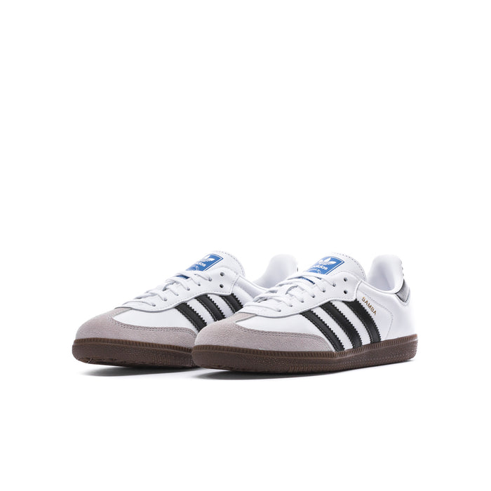 Samba OG youth sneakers, white upper with black adidas stripes and brown gum sole
