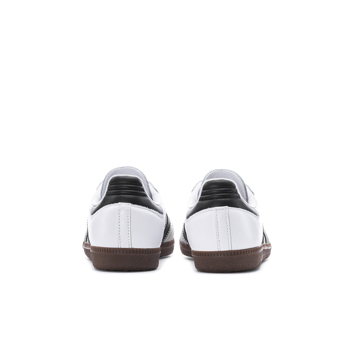 Samba OG youth sneakers, outsole and interior view; white with black stripes