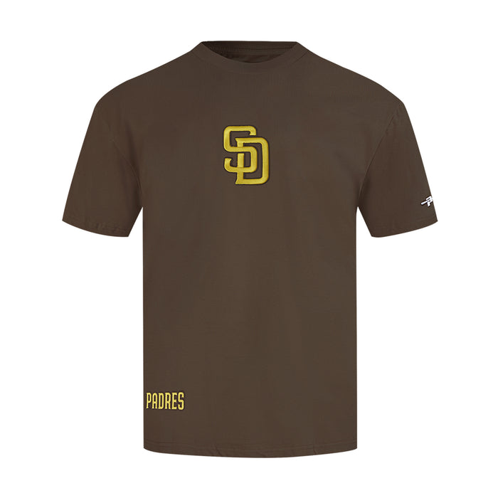 Men's brown Padres tee with yellow SD logo and small PADRES text
