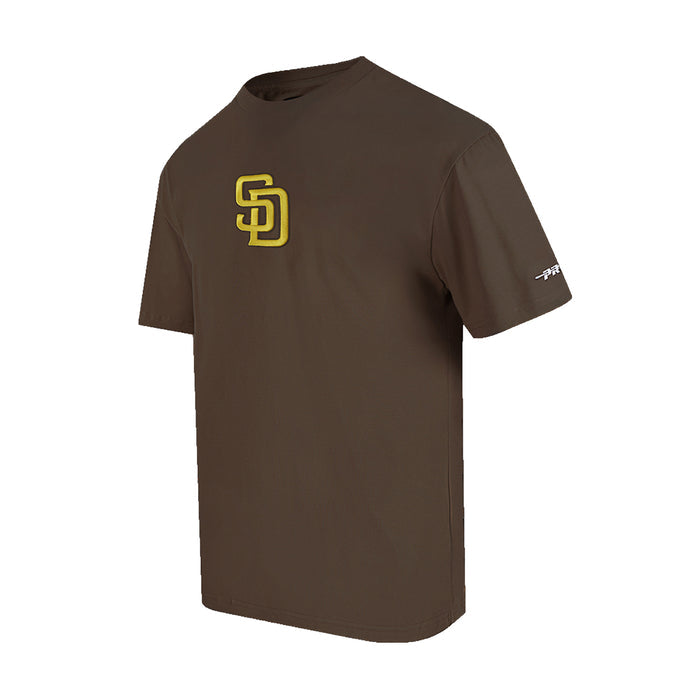 Men's brown Padres tee with yellow SD logo on front and right sleeve graphic