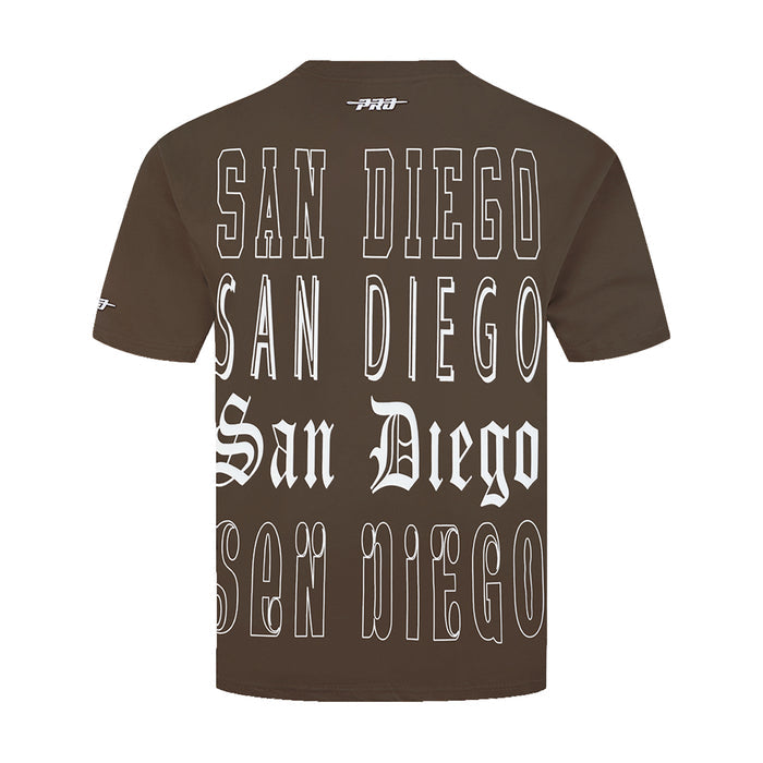 Men's brown Padres tee with large SAN DIEGO graphic on back
