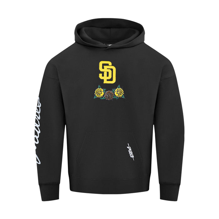 Men's black hoodie with yellow SD logo and rose graphic on the chest