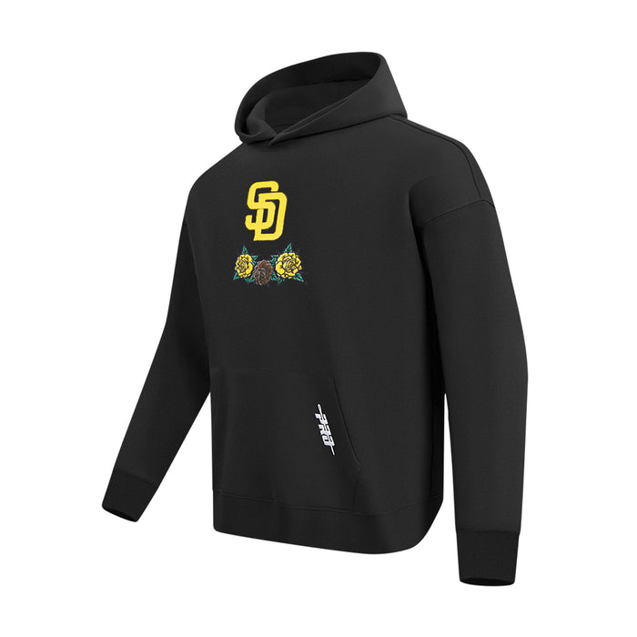 Men's black hoodie with yellow SD logo and rose graphic, angled view