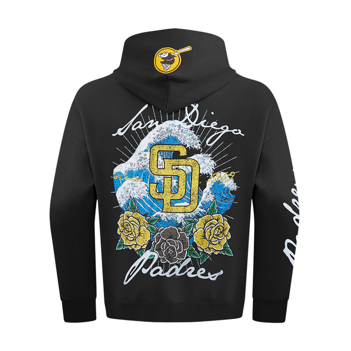 Men's black hoodie with large blue wave, rose, and Padres logo graphic on the back