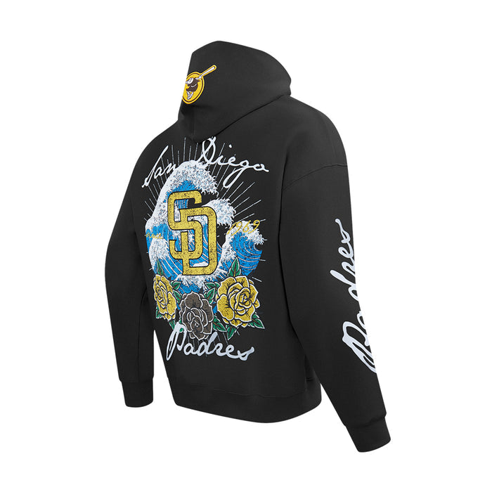 Men's black hoodie with back graphic and white script Padres text on sleeve