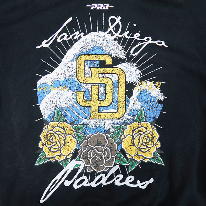 Close-up: large SD wave design with roses and Padres script on black hoodie