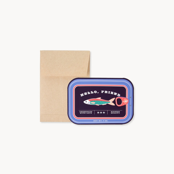 Sardine pop-up greeting card in blue tin-style box with Hello Friend sardine art, with kraft envelope