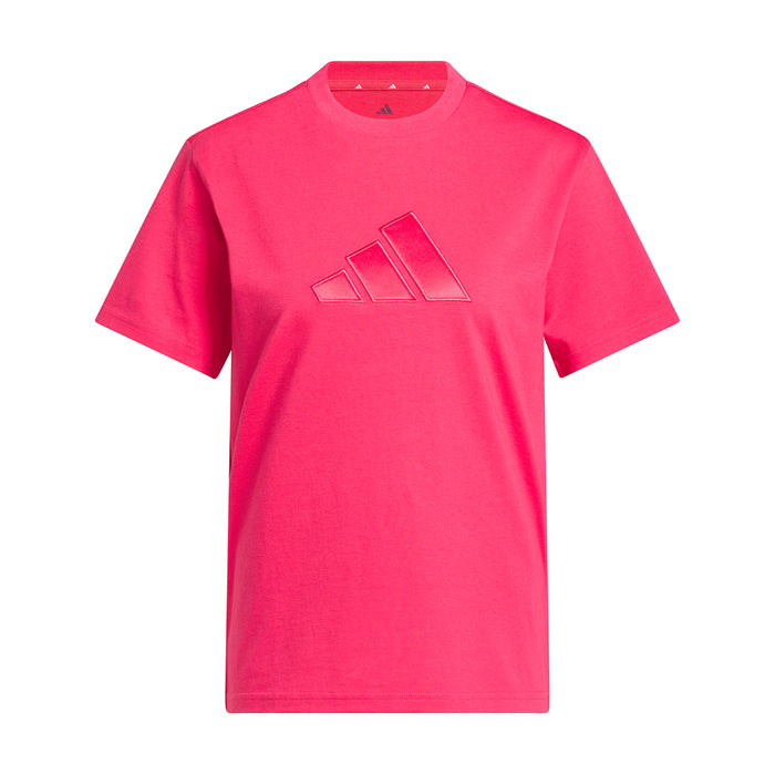 Women's satin tee in power pink with front three-stripe logo
