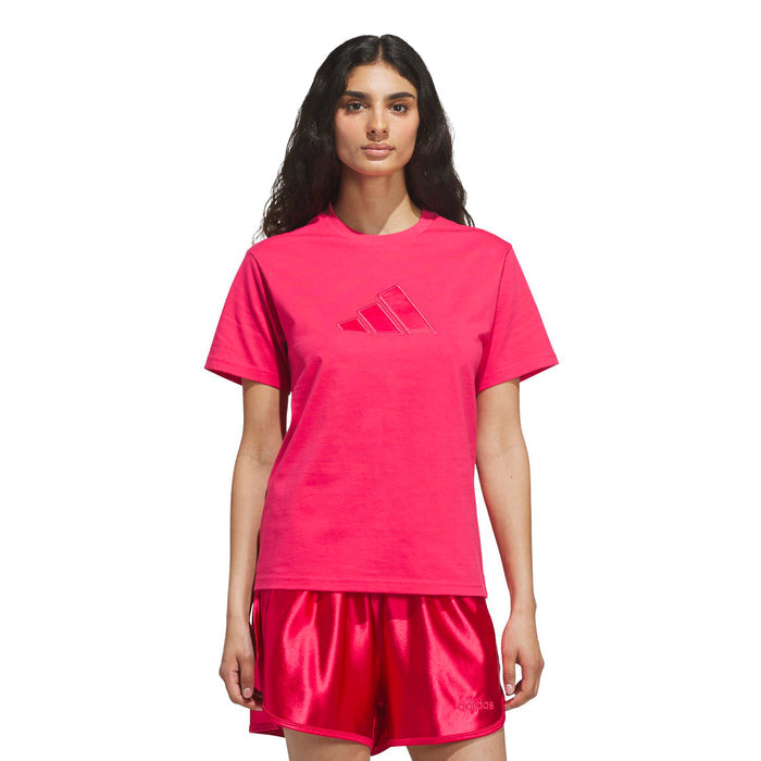 Women's satin tee in power pink, crew neck, short sleeves