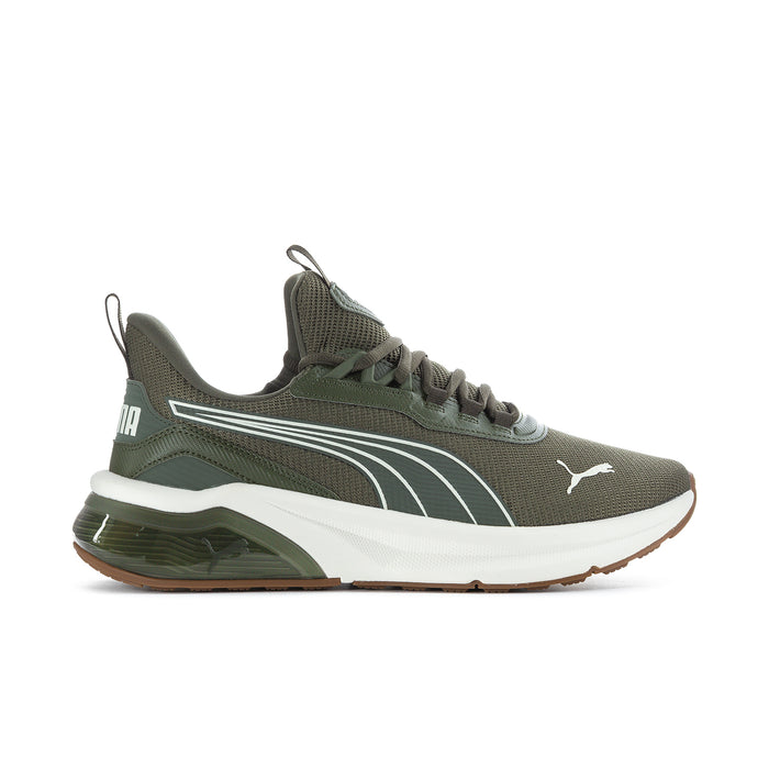 Men's Puma lace-up athletic sneakers, dark green knit with white Puma logo