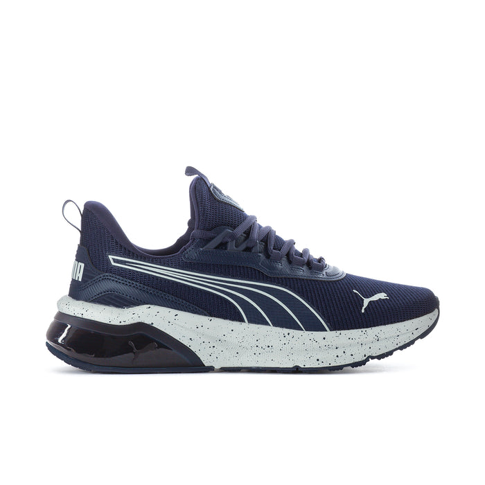 Men's navy athletic sneakers with white speckled midsole and Puma logo on side