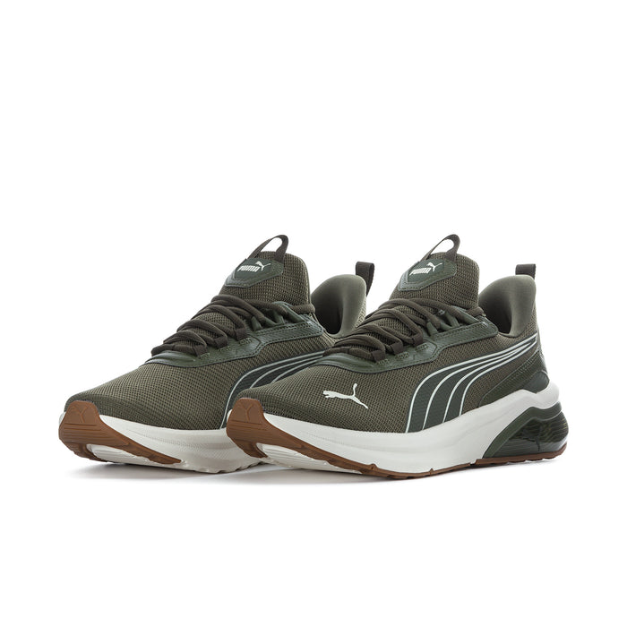 Men's Puma lace-up sneakers, dark green with white stripe detail and brown outsole