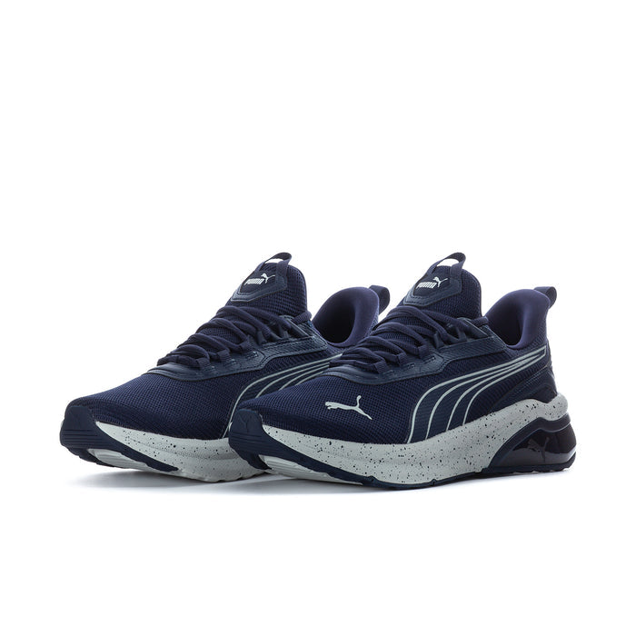 Pair of men's navy athletic sneakers with white speckled midsole and Puma side stripes