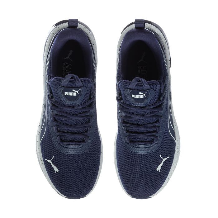 Men's navy sneakers front view with lace-up closure and Puma logo on tongue