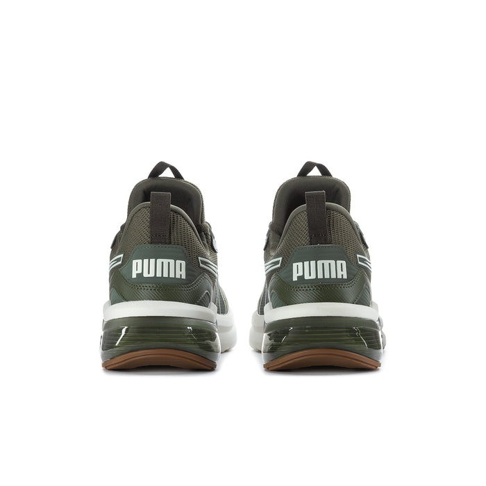 Men's Puma sneakers, dark green heel with white PUMA text and green/brown outsole
