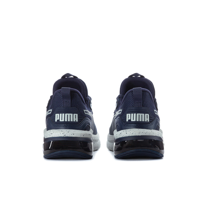Men's navy sneakers rear view with Puma heel branding and white speckled midsole