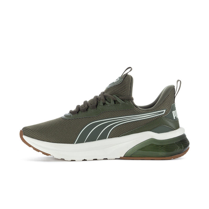 Men's Puma sneakers, dark green knit upper with white stripes and brown sole