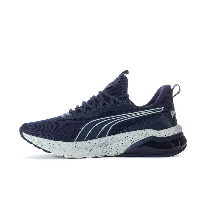 Men's navy lace-up sneakers with white side stripes and white speckled midsole